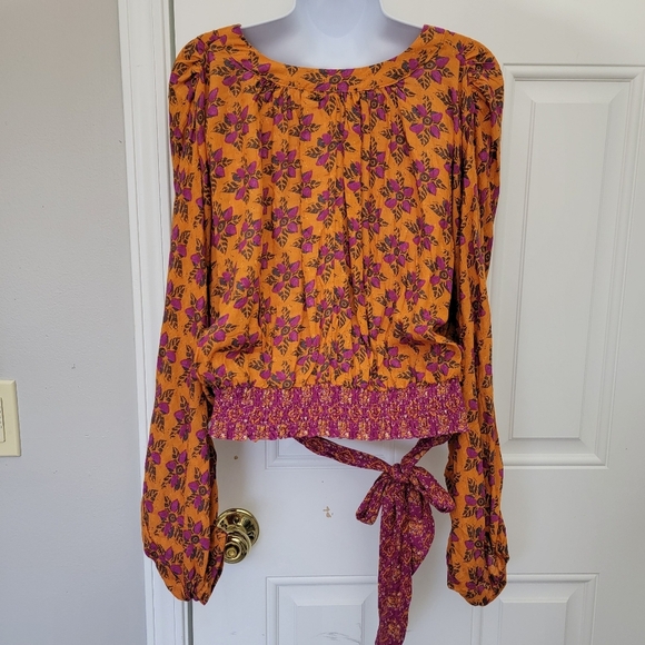 NWOT Rachel Roy Orange Purple Cropped Ruched Waist Tie Long Sleeve Blouse M - Picture 1 of 10